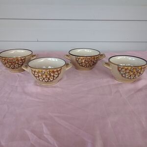 Vintage Rare Hand-Painted Ceramic Soup Bowls with Handles - Set of 4